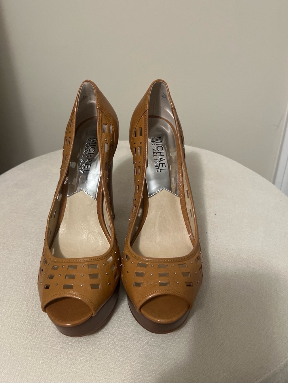 Michael Kors Cognac Laser-Cut Peep-Toe Platform Pumps
